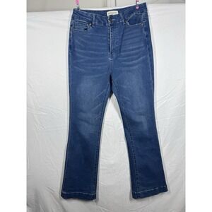 SOHO high-rise flare jeans in a dark-to-medium blue denim wash Size 13